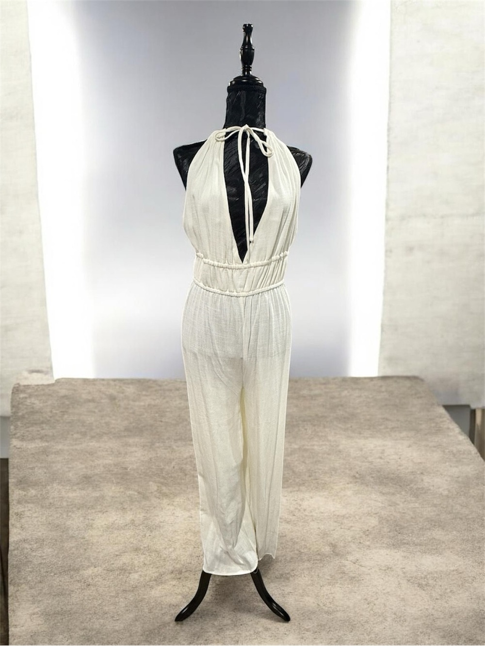 JustFab Ivory Halter Wide-Leg Jumpsuit
